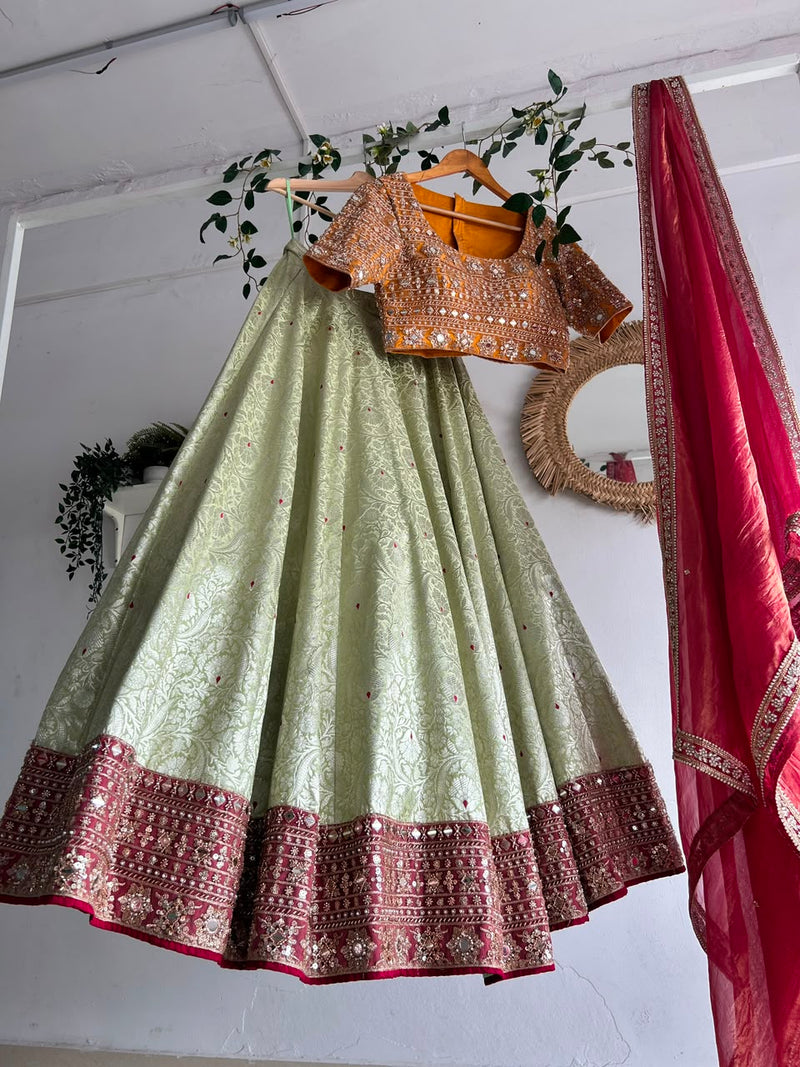 Orange & Green Banaras Silk Lehenga