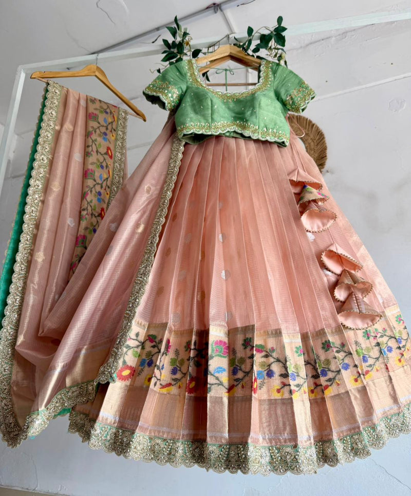 Sea Green & Peach Kota Silk Lehenga